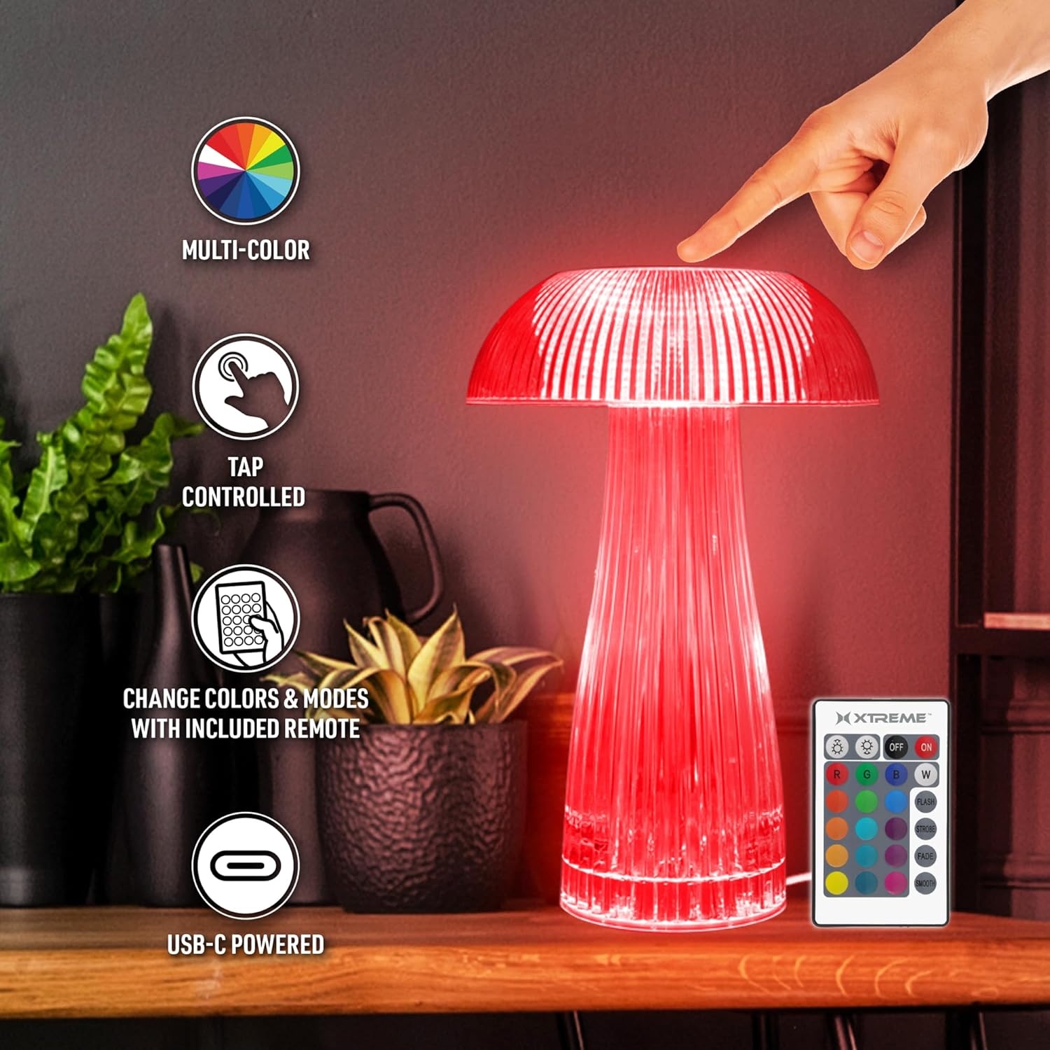 XTREME Wireless Lit Neon Multi-Color Mushroom Shape LED Tabletop Touch Lamp, with Remote, Crystal Finish, See Through Modern Side Table with lamp Room Decor