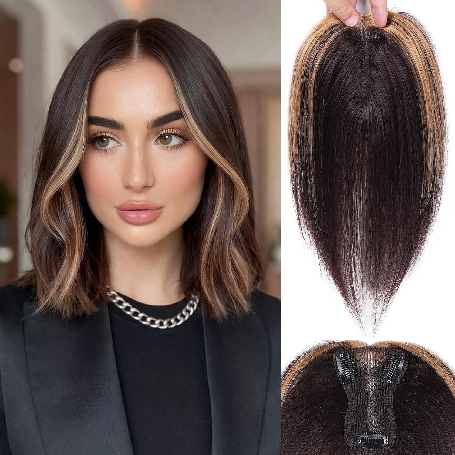Hair Toppers for Women Real Human Hair,360°3D Cover Clip in,Hair Pieces,Wig Toppers for Thinning Hair,Human Hair Toppers for Women,Swiss Base (#Dark Brown with Blonde Hightlights, 10 inch)