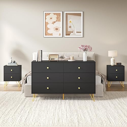 Miniatura 6 de Juego de tocador negro y mesita de noche para dormitorio, juego de 3 piezas con patas de metal, 6 cajones y 2 mesitas de noche con asas doradas,