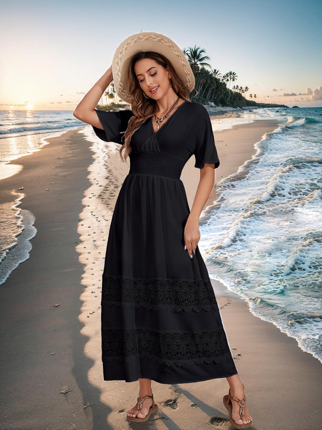 Boho Maxi Dress for Women 2025 Summer V Neck Lace Wedding Guest Dress Smocked Waist Bohemian Long Flowy Dresses - Image 6