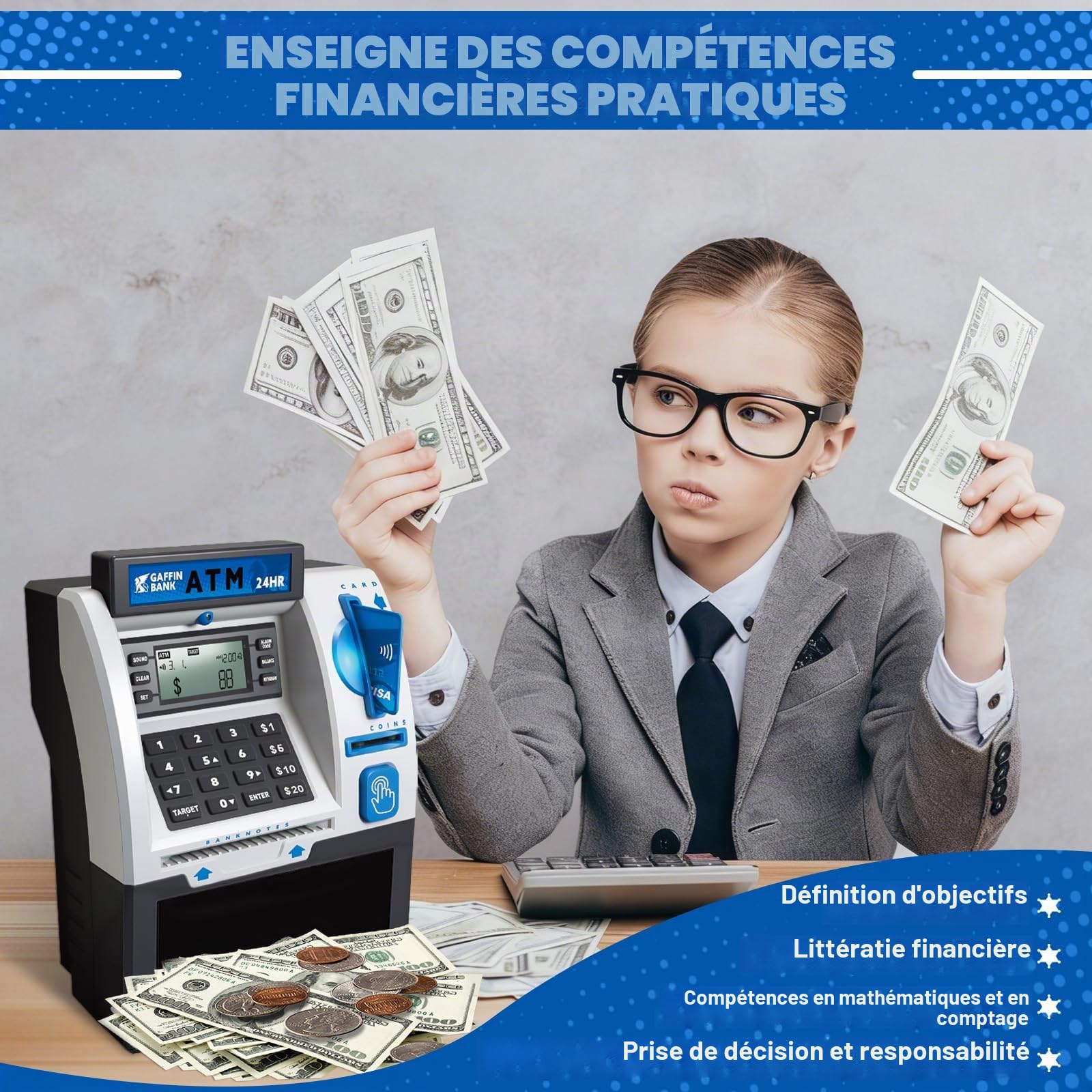 Roadtime Tirelire Mini distributeur automatique de billets, Tirelire en forme de cochon pour pièces et billets, Boîte à monnaie réutilisable, Coffre-fort pour petites monnaies avec carte de débit