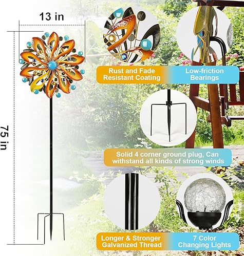 Miniatura 3 de Molinillos de viento para patio y jardín, esculturas de viento y molinillos de 75 pulgadas, arte cinético de jardín con luz solar de bola de vidrio