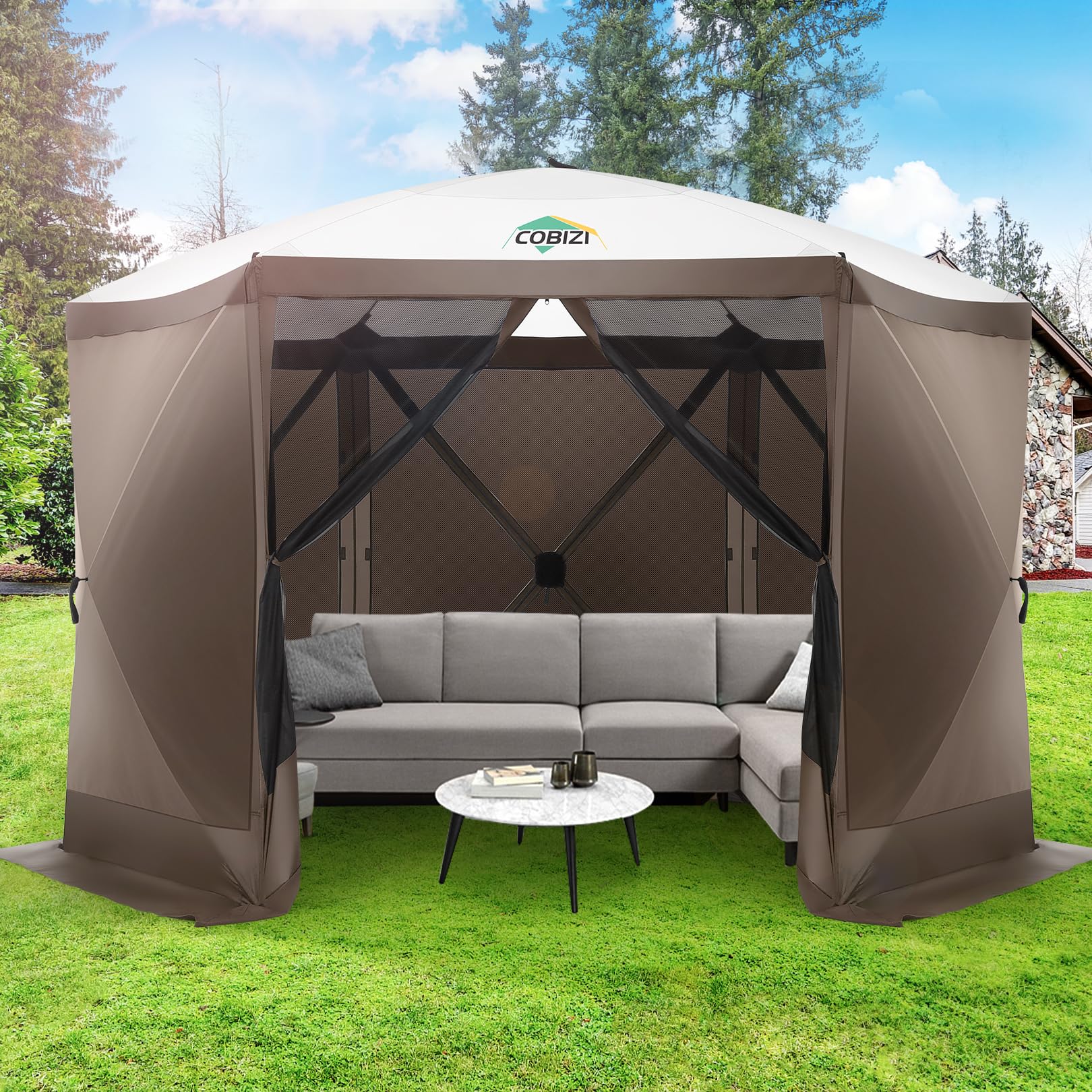 COBIZI Pop Up Gazebo Screen Tent Screen House for Camping, 12x12 Screen Room with Mosquito Netting, Hub Tent Instant Screened Canopy with Carrying Bag and Ground Stakes, Brown