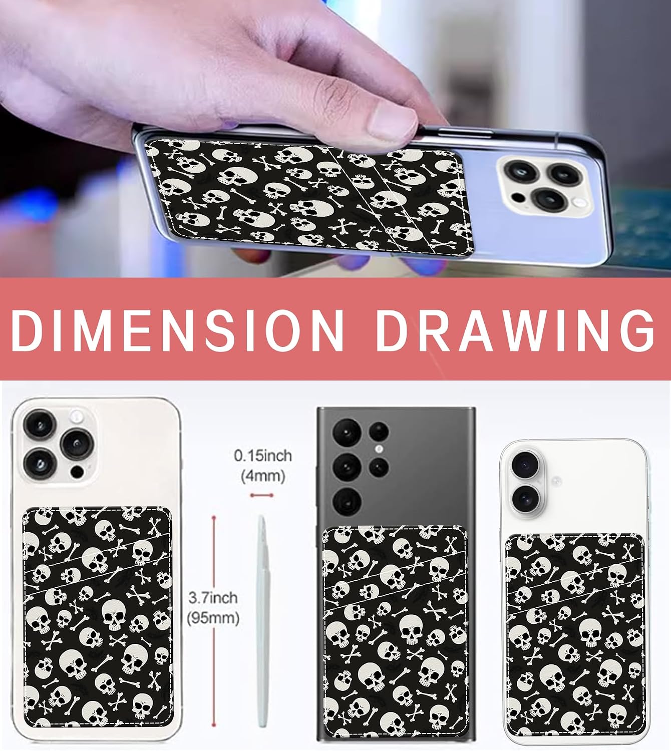 Phone Card Holder, Dual Pocket Leather Phone Wallet Adhesive Stick On, Cute Card Holder, Credit Card Holder for Phone Case Fashion Skull image 3