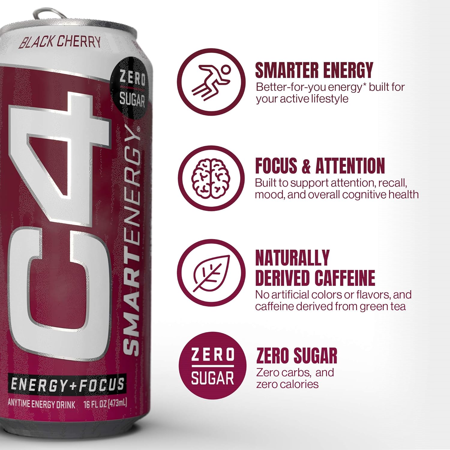 C4 Smart Energy Sugar Free Energy Drink 16oz (Pack of 12) - (New) Black Cherry - Performance Fuel & Nootropic Brain Booster with No Artificial Colors or Dyes : Grocery & Gourmet Food