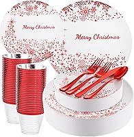 Vista 8 de LIYH 150 Pcs Plastic Christmas Dinnerware Set, Red Plastic Dinner Dessert Disposable Plates, Gold Silverware, Red Christmas Disposable Cups 10 OZ