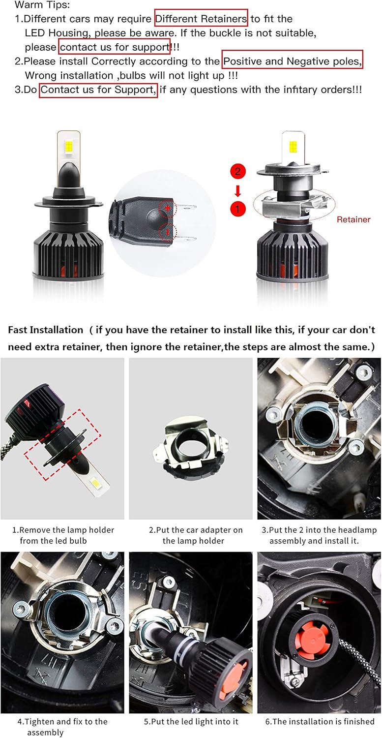 INFITARY H7 LED Headlight Bulbs 12000LM Mini Headlamp Plug Play Conversion Kit Cool White 6500K High Low Beam Fog Light Extra Retainer Needed for VW/Mercedes-Benz/Audi/BMW/Buick/Hyundai/Nissan/KIA