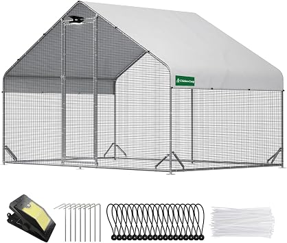 CHIKENCOOP 9.8x6.5x6.5ft Metal Chicken Coop, Hardware Cloth, Solar Light | One-room walk-in chicken run with galvanized hardware cloth, full-top waterproof UV-resistant cover, and 3-mode solar light