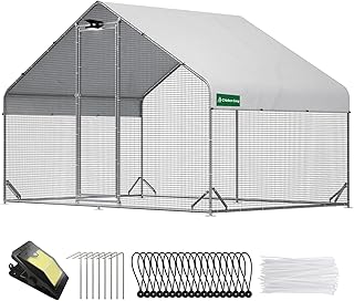 Large Walk-in Metal Chicken Coop with Chicken Run & Hardware Cloth, Solar Light, Waterproof & UV-Resistant Cover, Outdoor Poultry Cage for Farm Use