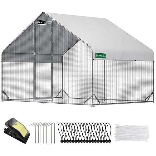 Large Walk-in Metal Chicken Coop with Chicken Run & Hardware Cloth, Solar Light, Waterproof & UV-Resistant Cover, Outdoor Poultry Cage for Farm Use