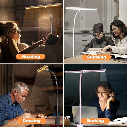 Vista 26 de Lámpara de escritorio LED para oficina en casa, luz con atenuación continua, cuello flexible ajustable, adaptador USB de 10 W, abrazadera para Blanco