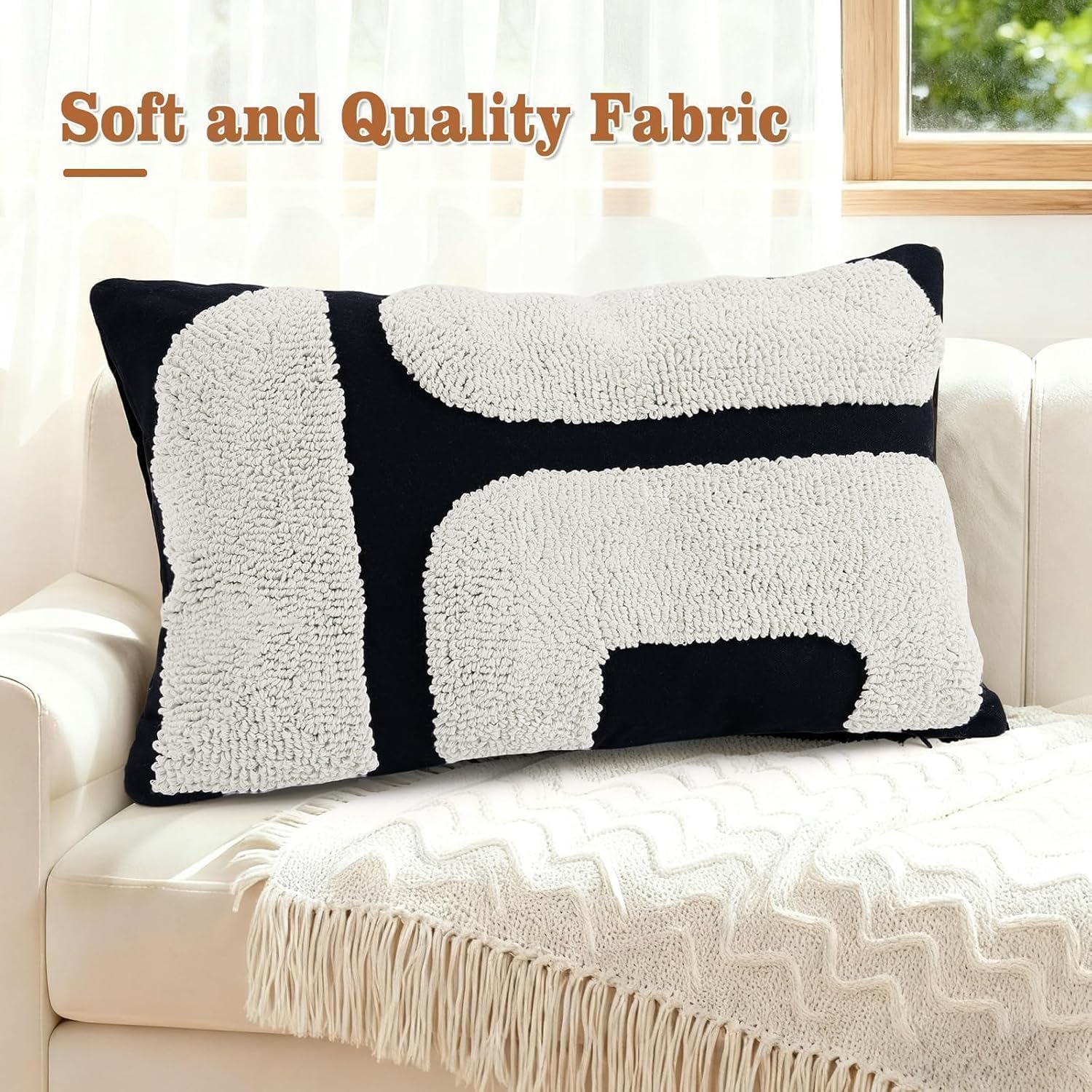 LandIdyll 2 Pcs Black and Cream Chunky Tufted Pillow Covers 12 x 20 Inch Boho Black and White Throw Pillow Covers Set Decorative Modern Abstract Geometric Pillowcase for Living Room Bed Couch Sofa