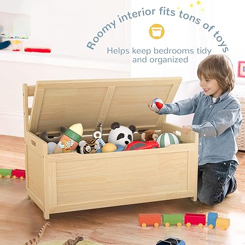 Miniatura 2 de Curipeer Caja de juguetes para niños, caja de juguetes de madera de goma natural para niños y niñas, armario de almacenamiento grande con banco de