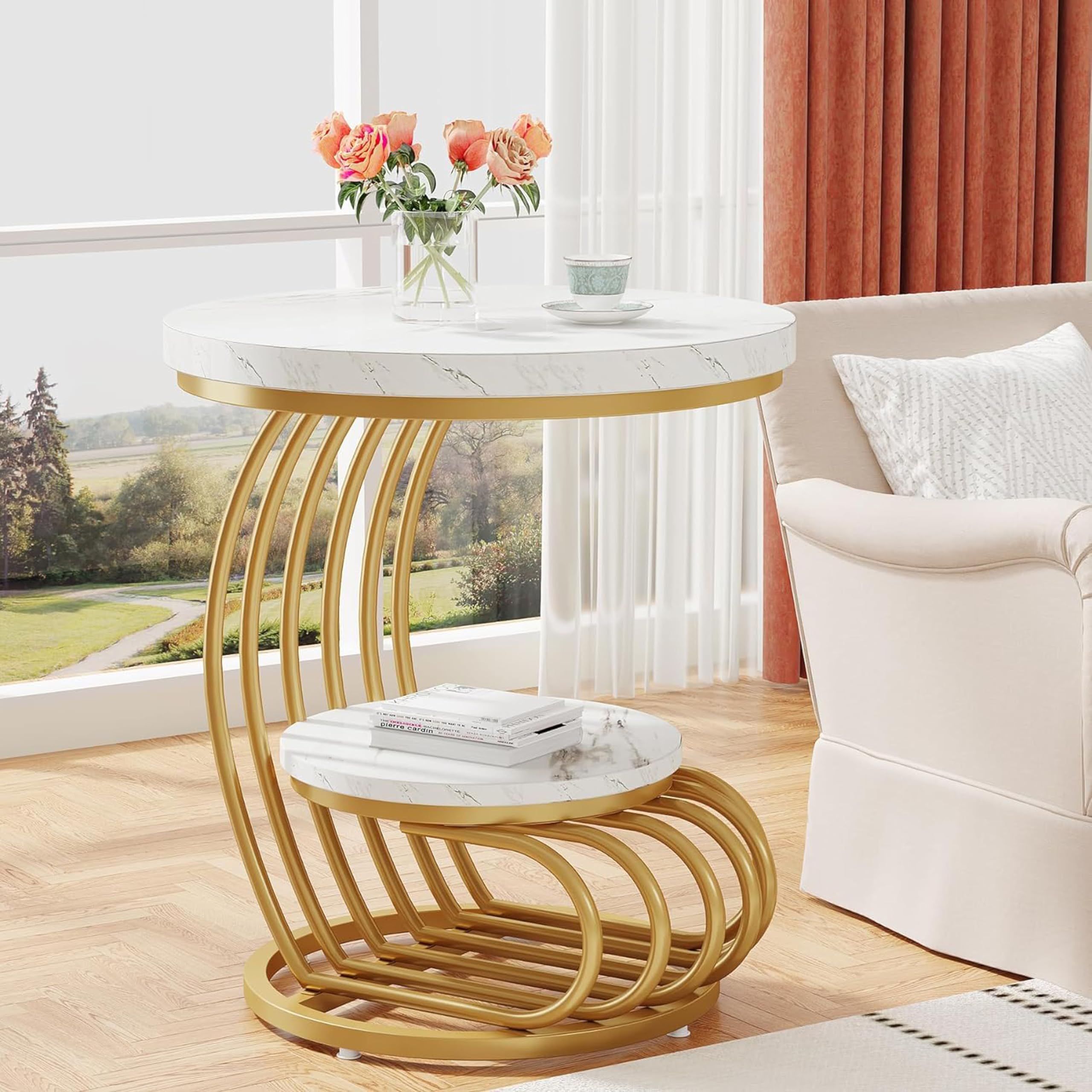 Modern Bedside Table with Marble Accent for Living Room or Bedroom, Round Metal End Table with Two Tiers of Storage Shelves White Gold-image-9