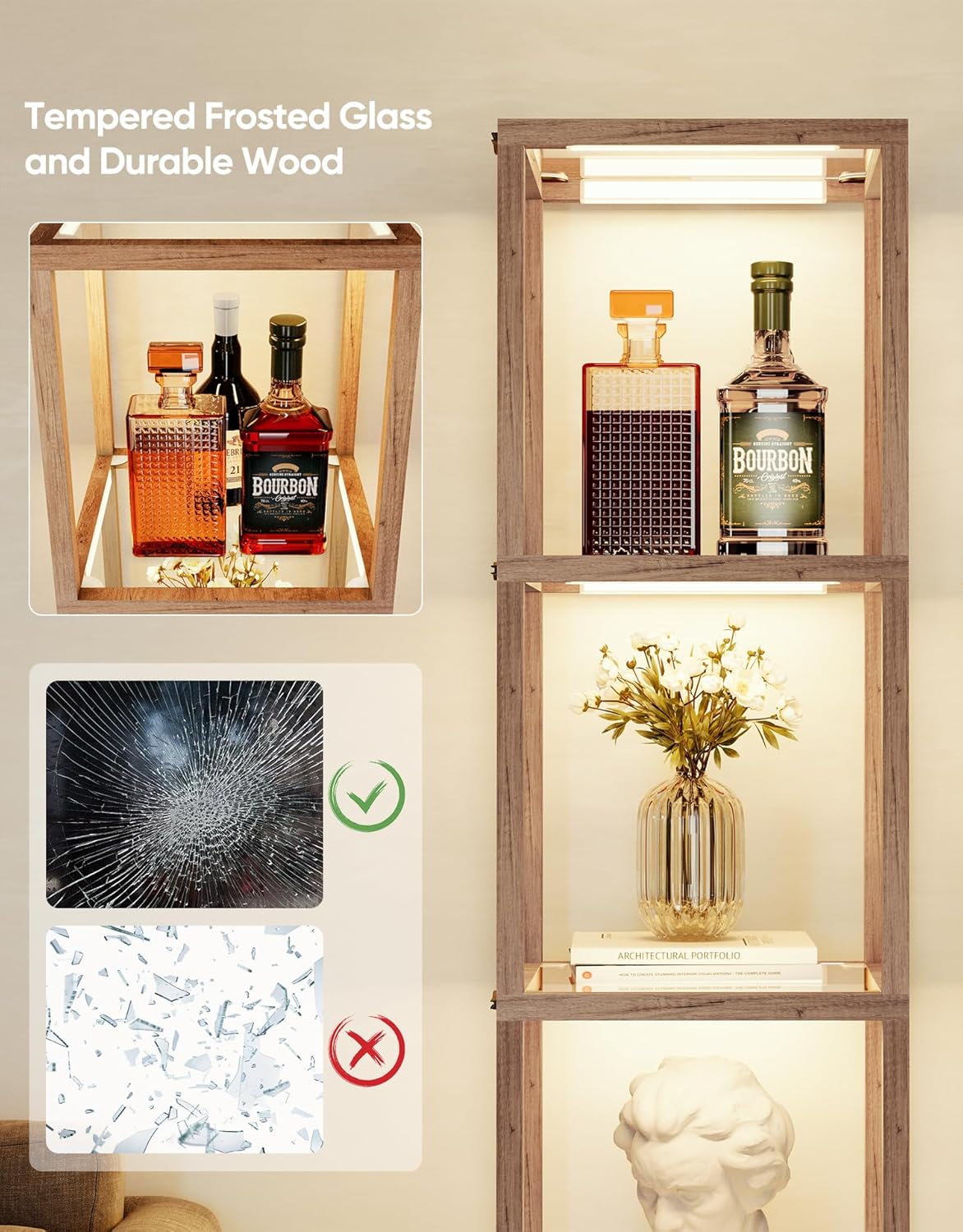 PARTPHONER Floor Lamp Glass Display Shelf with Remote/APP Control, Dimmable LED Floor Lamp with Shelves, Open Display Cabinet, Color Temp Control (2700K-6000K), Oak Gray