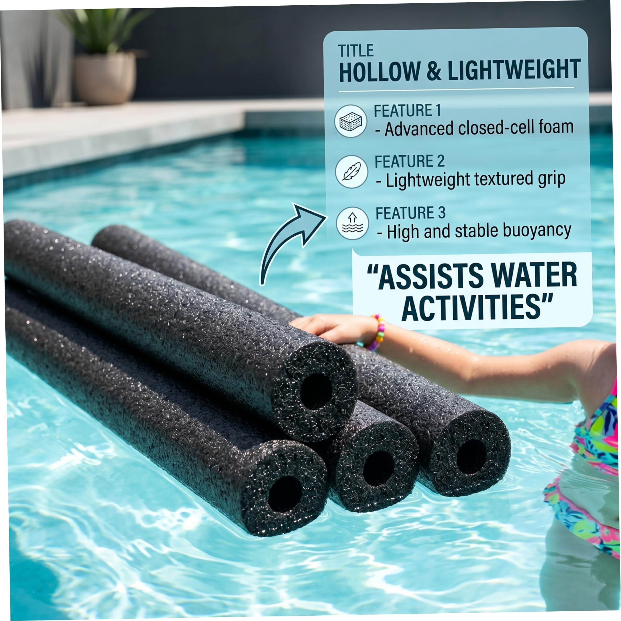 Fideos para Piscina con Orificio Flotador de Espuma Hueco Ligero Accesorio para Piscina Antideslizante antiarañazos Negro 59, 06 Pulgadas 5 uds.