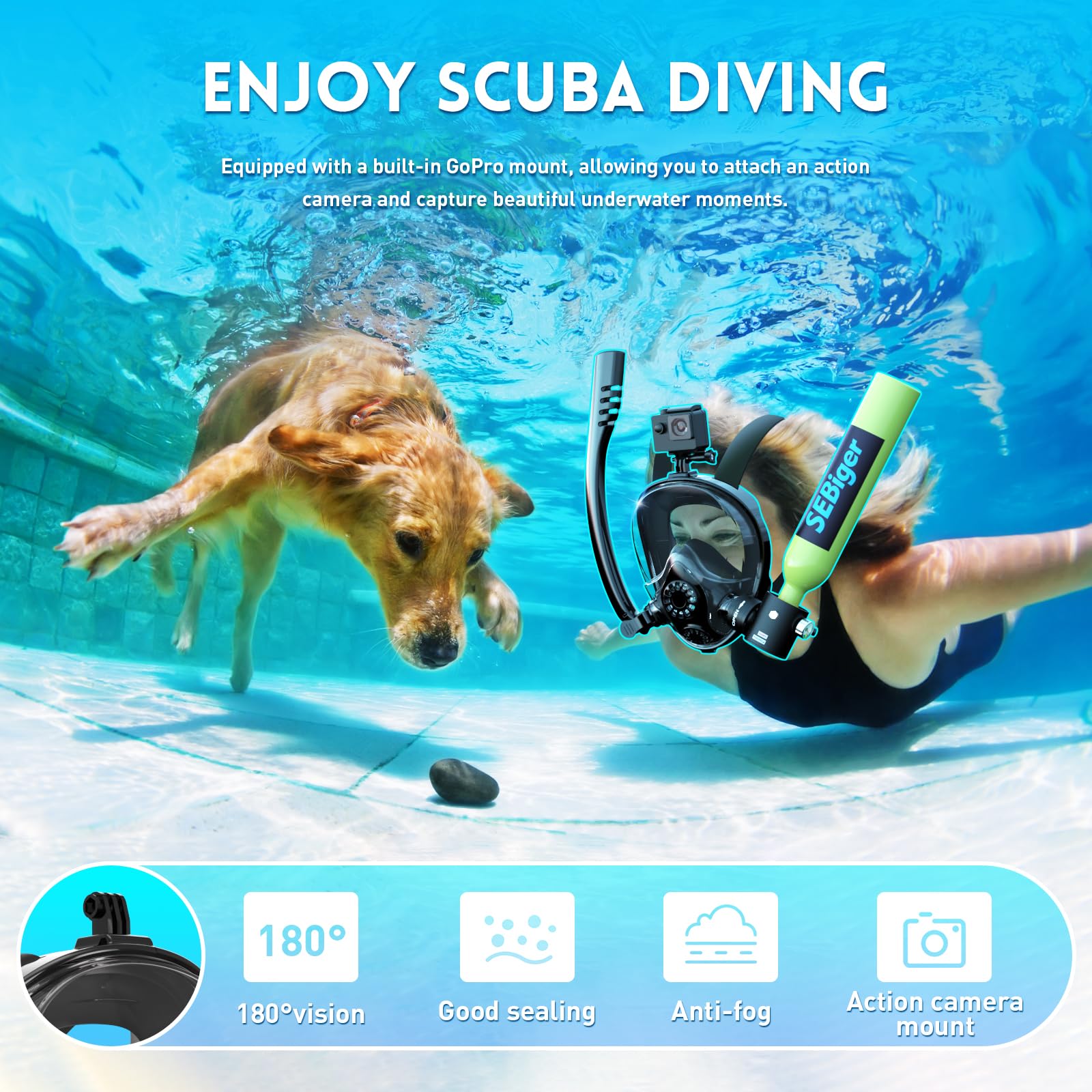 A-GN Mini tanque de buceo con submáscara de 0,5 l que ofrece aproximadamente 6 minutos de respiración bajo el agua en profundidad de buceo de 9 m, pequeño tanque de buceo para buceo