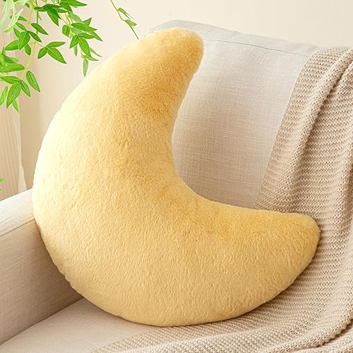 Znhinery Moon Pillow, Decorative Throw Pillows with Soft Faux Rabbit for Bed Couch, Moon Shaped Pillows Plush Floor Cushions Room Decor Pillow for Sofa Bedroom Living Room - 15 Inches - Goose Yellow