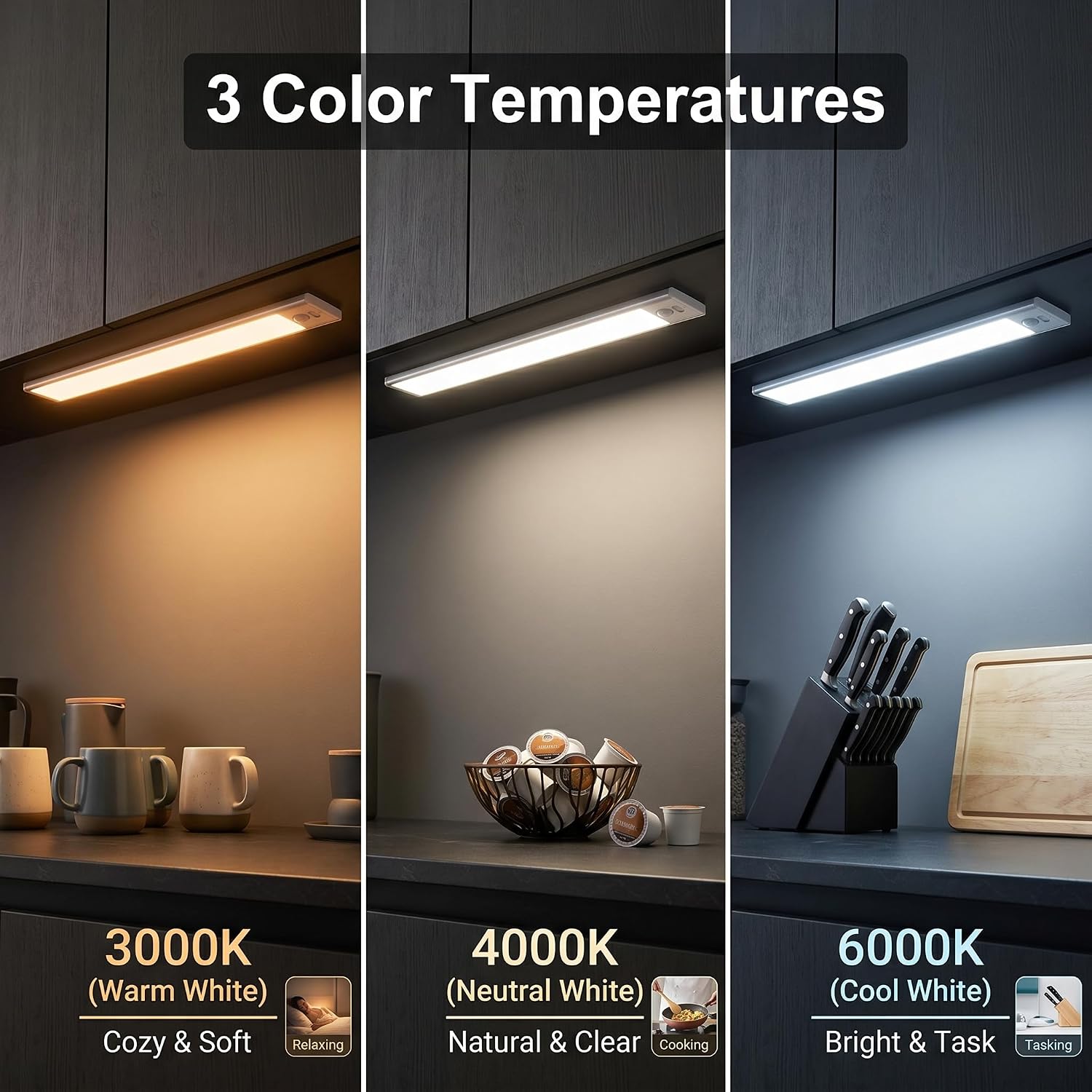 16” Rechargeable LED Under Cabinet Lights, 3 Color Temperatures Motion Sensor Closet Light, High-Capacity Battery Magnetic Wireless Night Light Bar for Kitchen, Counter, Wardrobe (2 Pack)