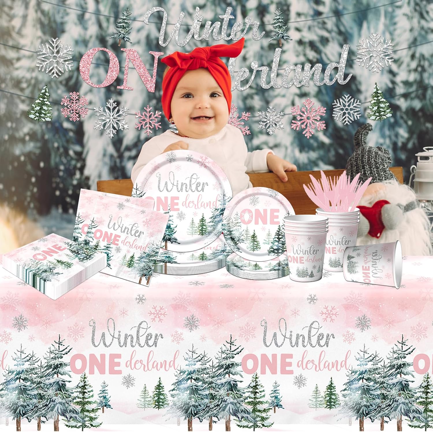 Onederland 1st Birthday Girl Tableware, 142 Pcs Pink Winter Decorations - Snowflake Plates & Napkins for 1st Birthday