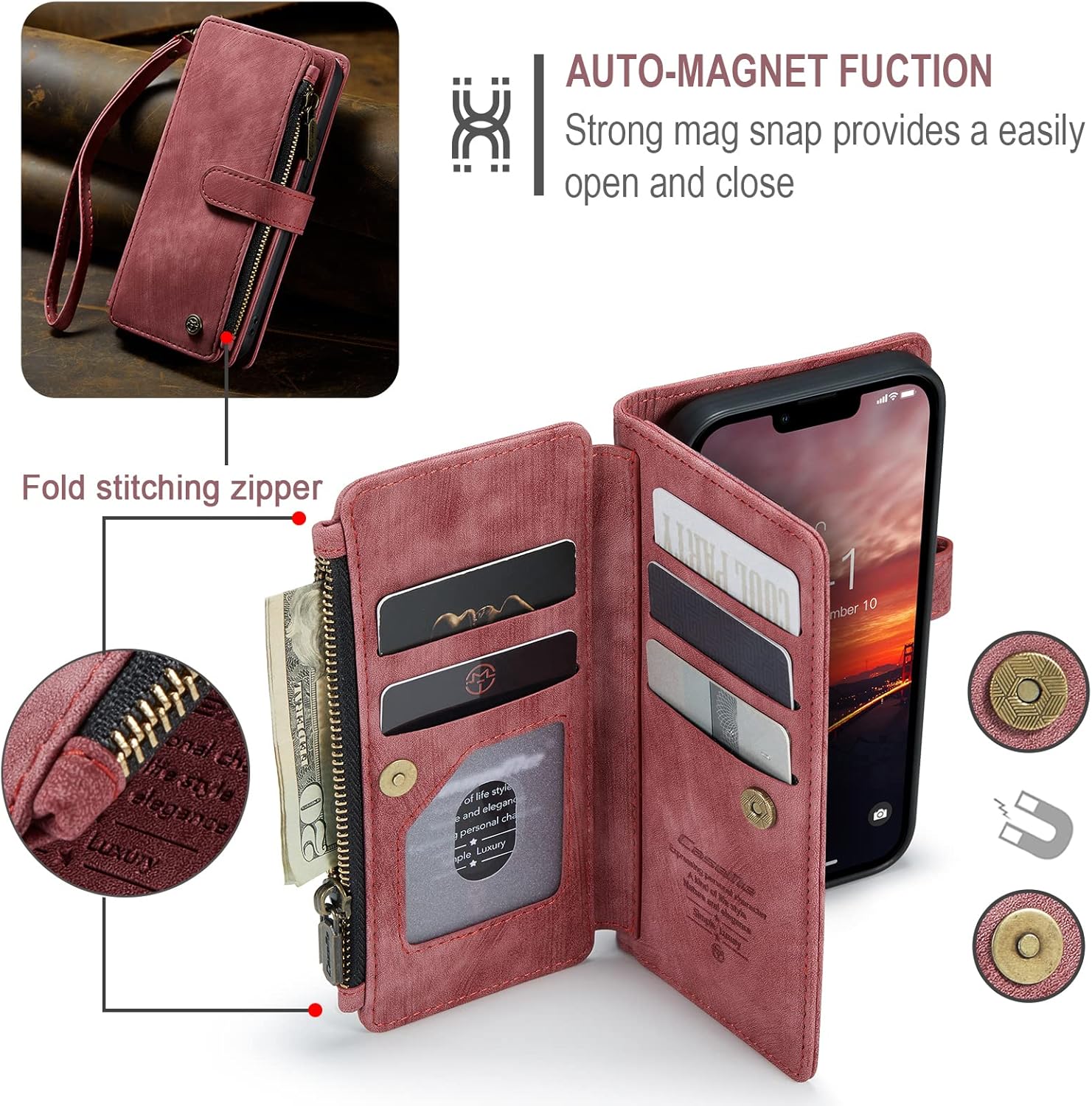 iPhone 14 5G Wallet Case with Card Holder Kickstand Magnetic Zipper Pocket Lanyard Strap Wristlet,Leather Flip Case Wallet for iPhone 14 5G 6.1 Inch(Red)