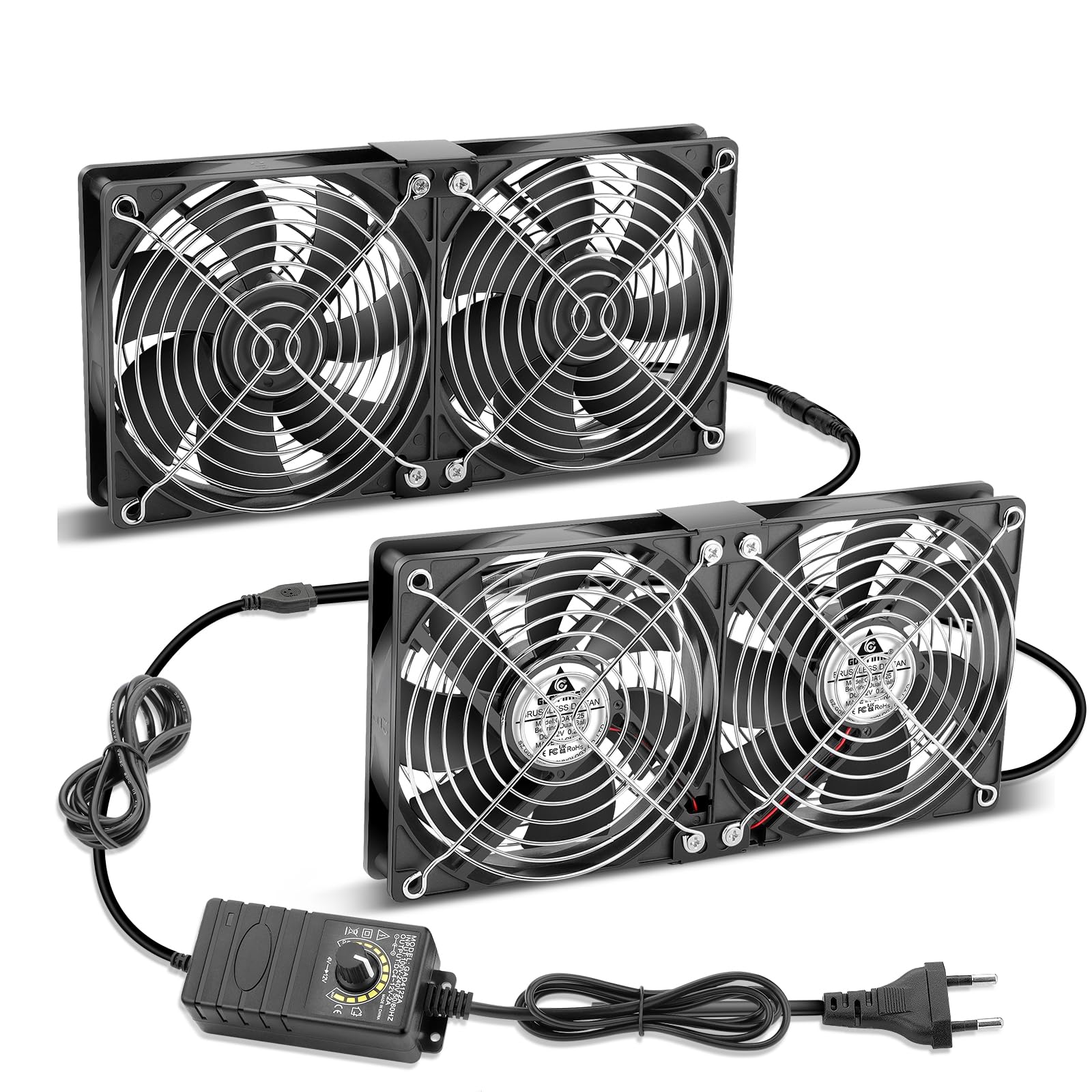 GDSTIME 4 x Lüfter, 120 mm, 220 V, Gehäuselüfter, 120 x 120, Kugellager, mit 4 V-12 V, einstellbar, Geschwindigkeitsregler mit hohem Luftdurchsatz für Serverkühlung, Konverter, Möbel