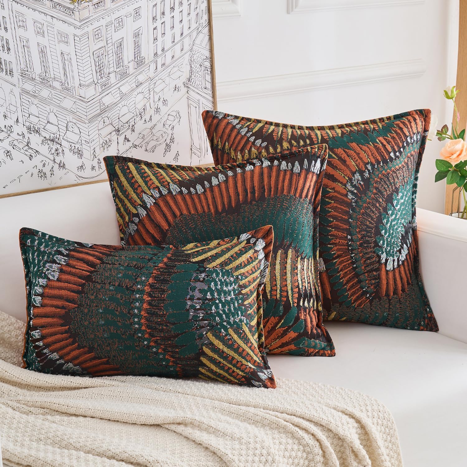 Premium Series Nature-Inspired Feather Wing Throw Pillow Cover, Premium Polyester & Dutch Velvet Cushion Case for Home Décor, Covers Only, Terracotta Sunrise, 20x20 Inch