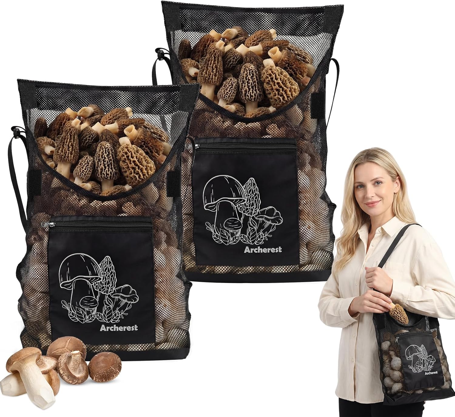 1 Pack D-shaped Opening Mushroom Foraging Bag, Morel Picking Mesh Hunting Pouch for Outdoor Foraging and Fruit, Mushroom Basket Harvesting Bags with Adjustable Shoulder Strap