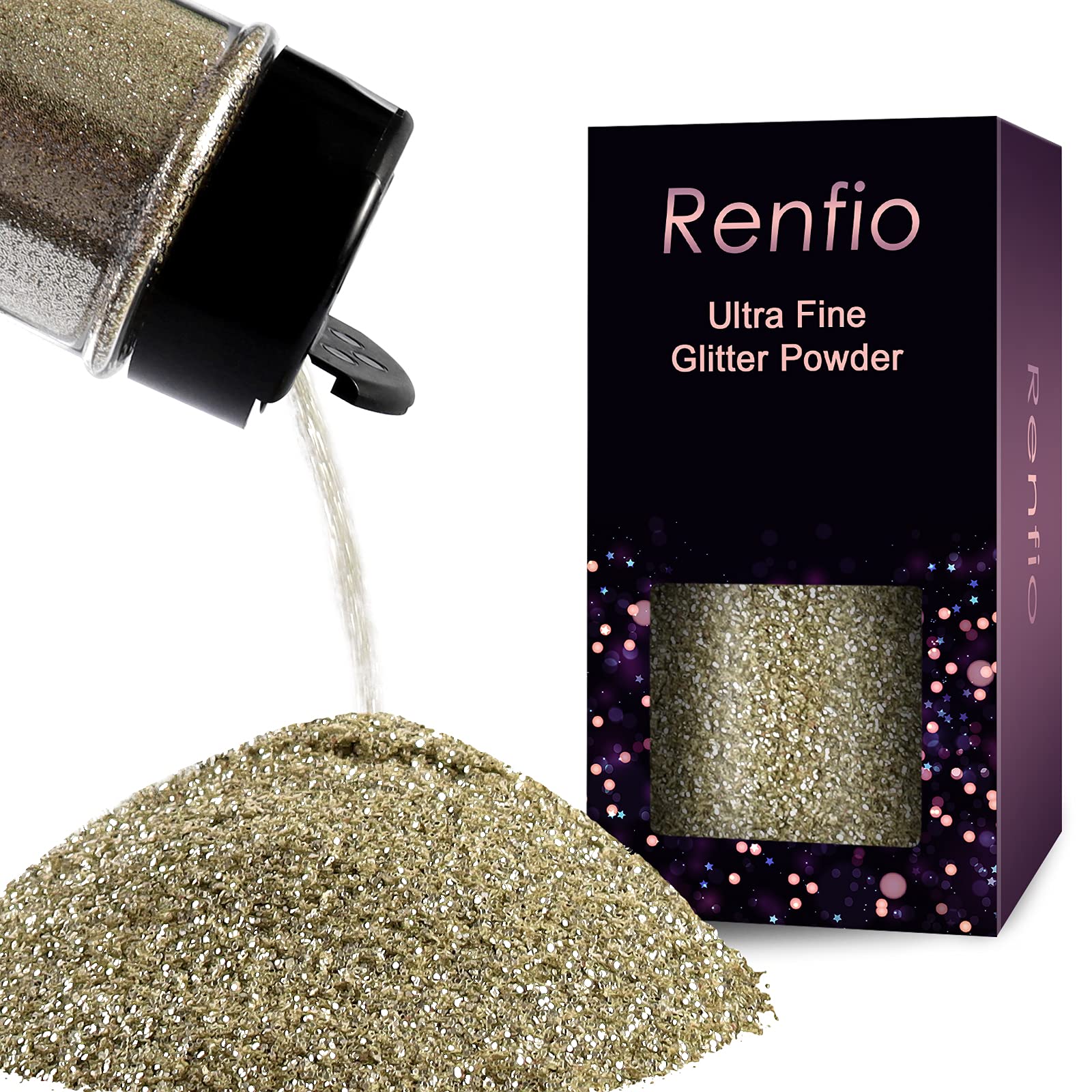 Renfio Polvo de purpurina ultrafino de resina metálica con purpurina en copos de purpurina para manualidades, lentejuelas, copos de epoxi, para vasos, 1.7 onzas (50 g), color plateado champán