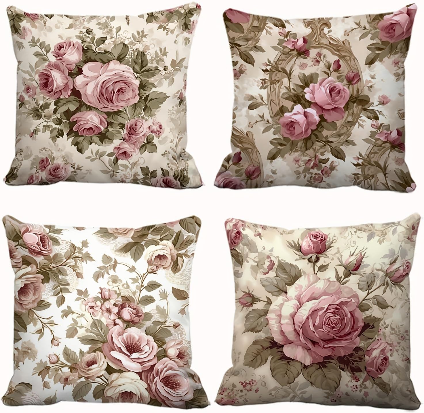 4 Pack 18x18 Pink Floral Linen Square Sofa Accent Throw Pillow Cover