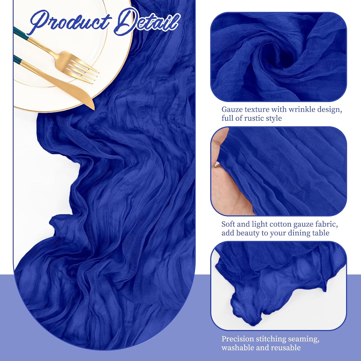 10 Pack Cheesecloth Table Runner Royal Blue,10 ft Gauze Table Runner Long Semi-Sheer Rustic Boho Table Runners for Wedding,Bridal Shower,Party,Banquet Decoration(21.5 x 120 Inch)