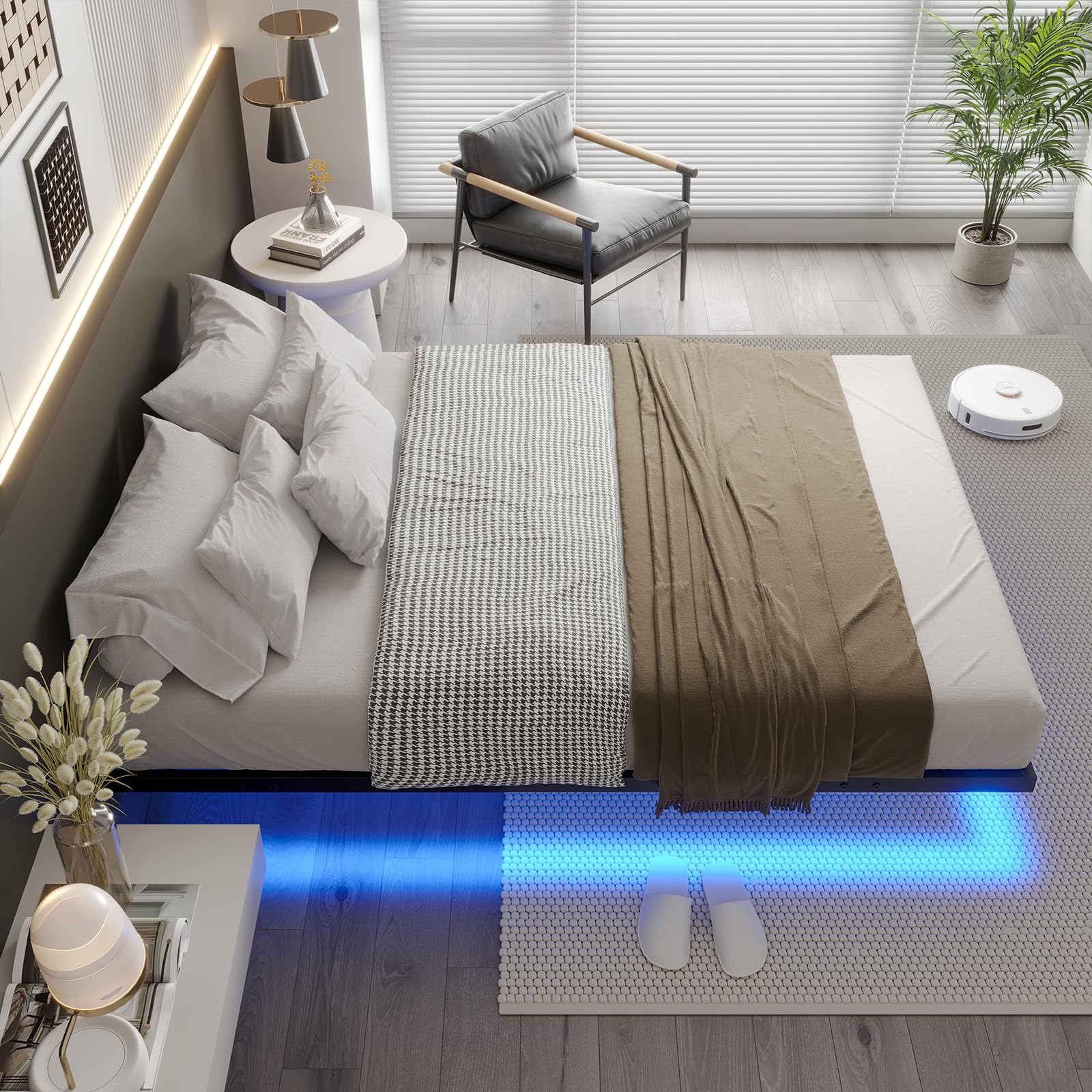 DICTAC Lit 140 x 190 avec Sommier Métal Cadre de Lit 140x190 avec Éclairage LED,lit 2 Personnes avec sommier à Lattes Lits Flottant Double,Structure Solide,Facile à Assembler,Noir-sans Matelas