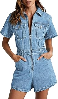 Womens Summer Denim Romper Short Sleeve Zip Up Utility Pockets Jean Jump...