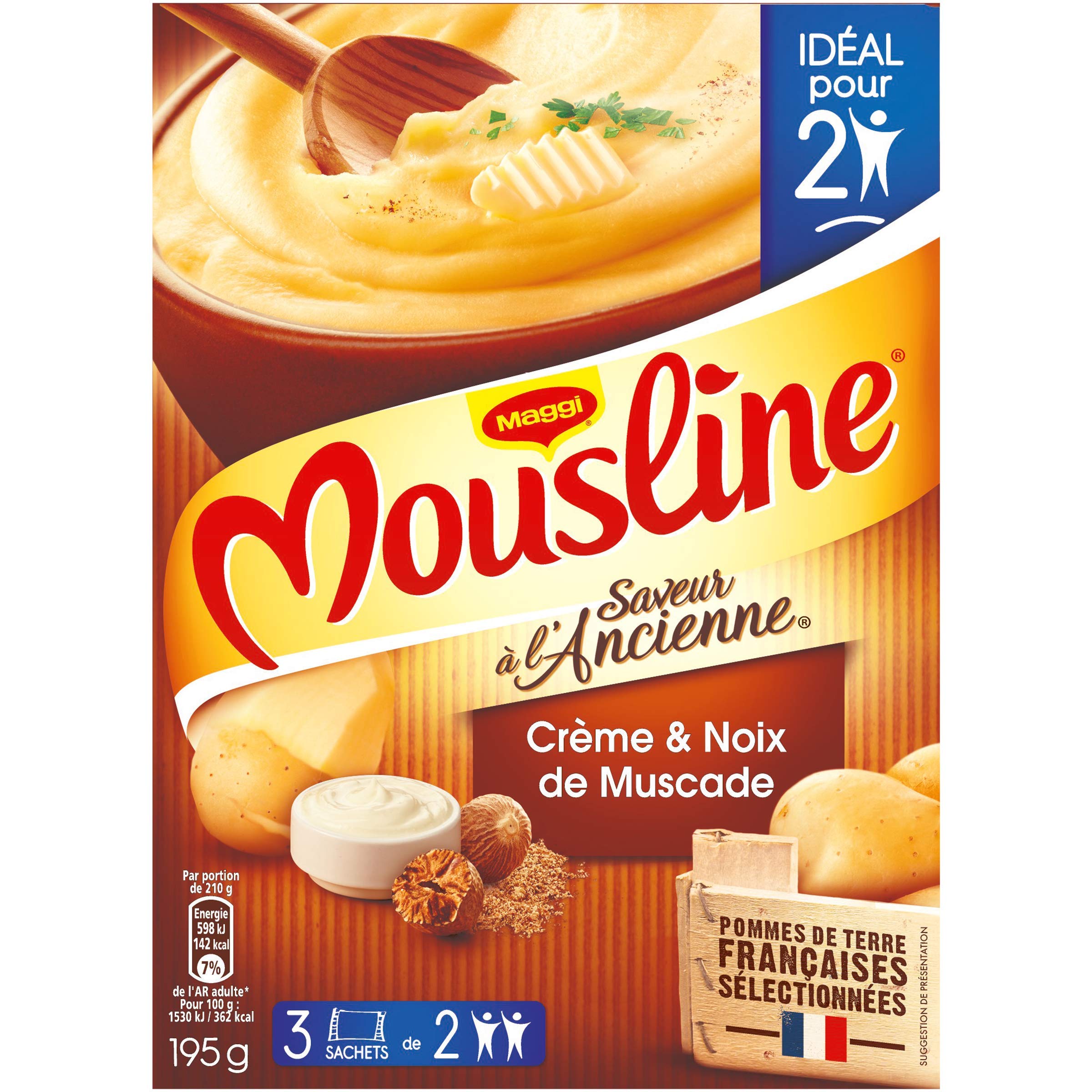 Maggi Mousline Purée Saveur à l'Ancienne Crème Muscade 3 Sachets de 65 g pour 2 personnes