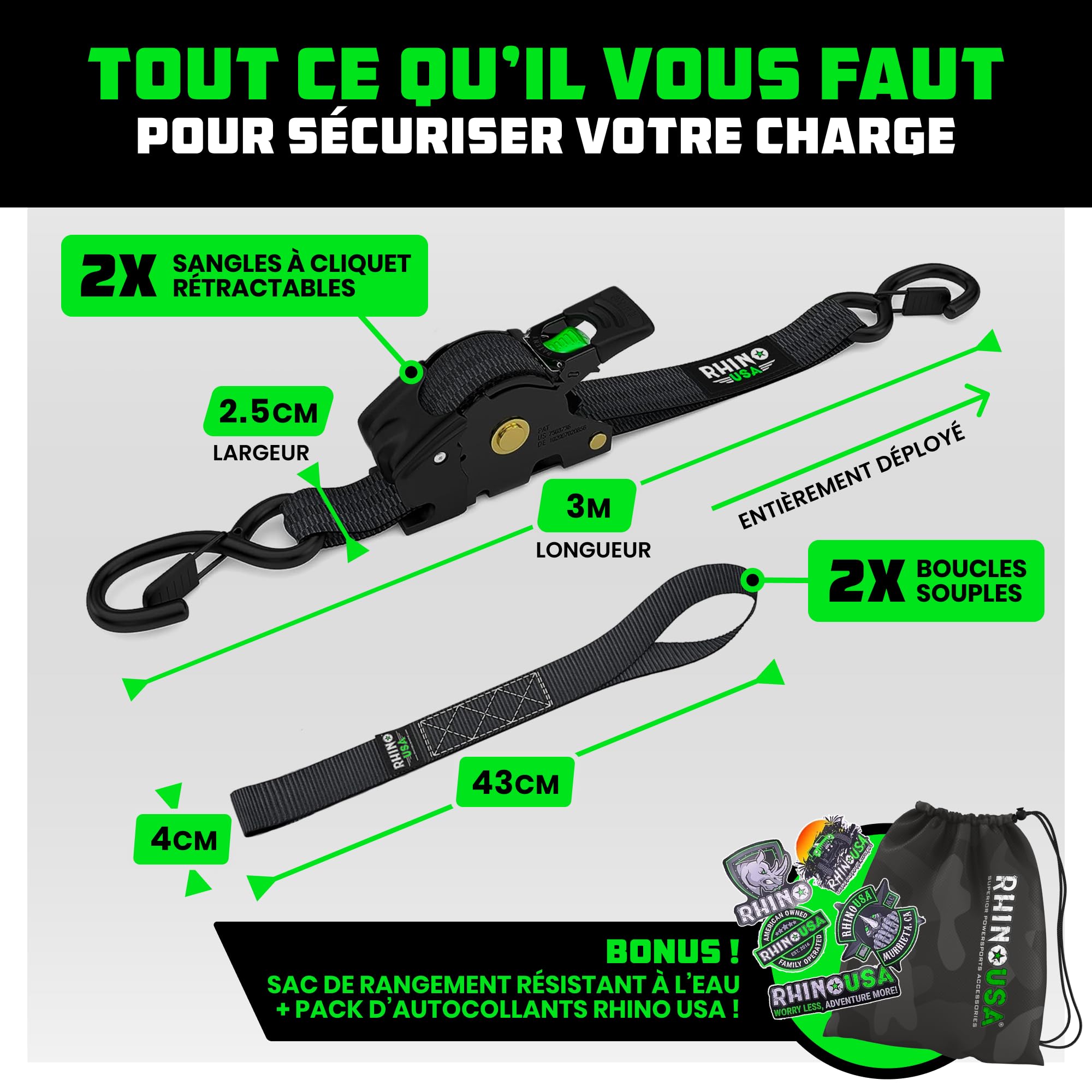 Rhino USA Sangles à Cliquet Rétractables (Lot de 2) - 2.5cm x 3m (540kg Résistance à la Rupture) - Sangles d’Arrimage Automatiques et Robustes pour Camion, Remorque, Moto, Vélo & Plus - Noir