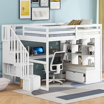SOFTSEA Full Size Loft Bed with Desk and Storage Shelves, Loft Bed with 2 Built-in Drawers and Storage Staircase, Wood Loft Bed Frame with Guardrails for Kids, White