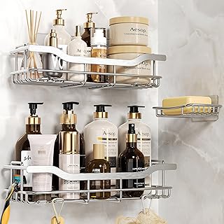 3-Pack Shower Caddy with Soap Holder, Adhesive Rustproof No-drill Strudy Loading Inside Shower Organizer Shelves Rack Storage Bathroom Organization for Smooth Wall Glass Tile, Silver (X-Large)