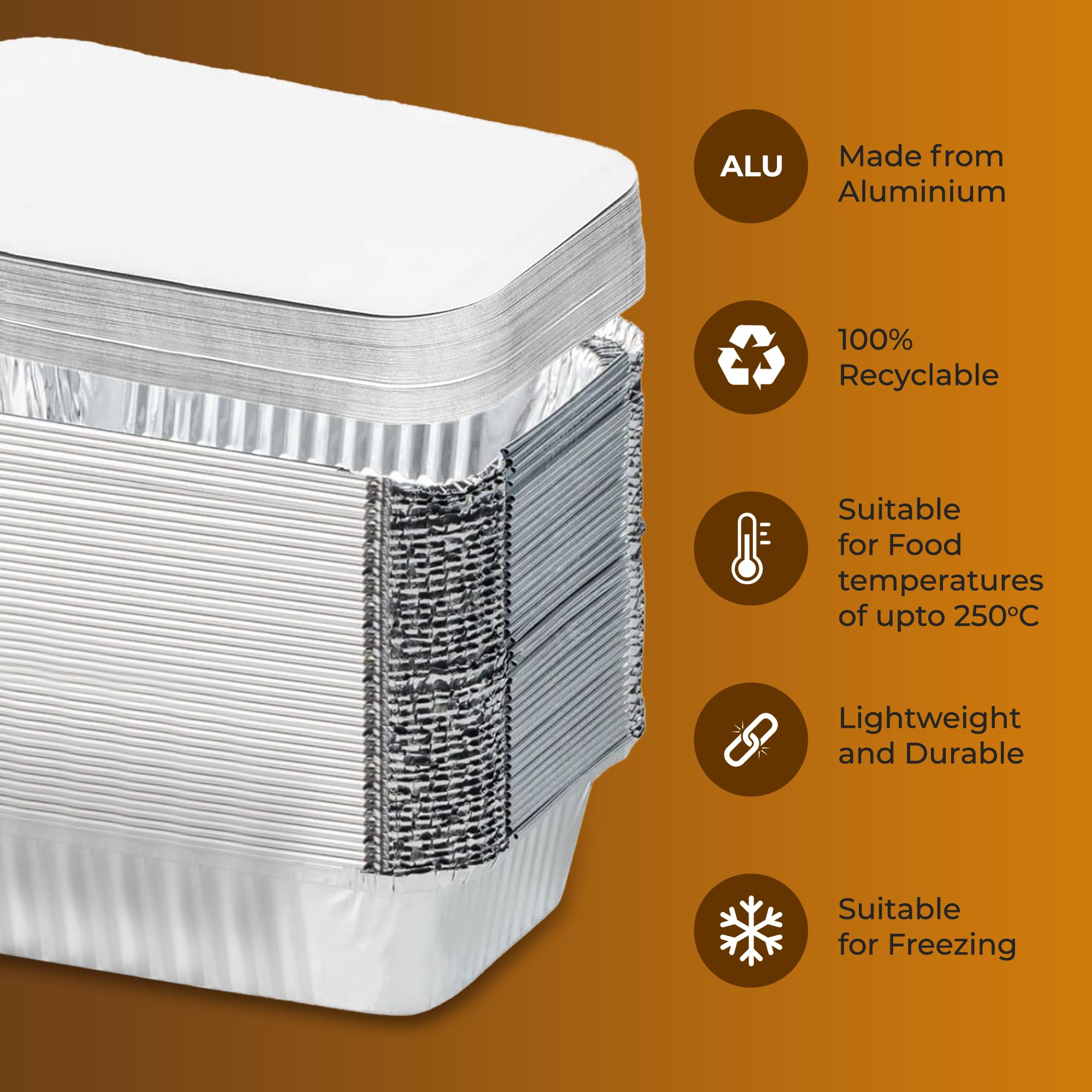 Sartenes de aluminio con tapas [8.5 x 6 pulgadas – 50 juegos] Contenedores de alimentos desechables con tapas, recipientes de preparación de comidas para congelador, sartenes de aluminio con cubiertas