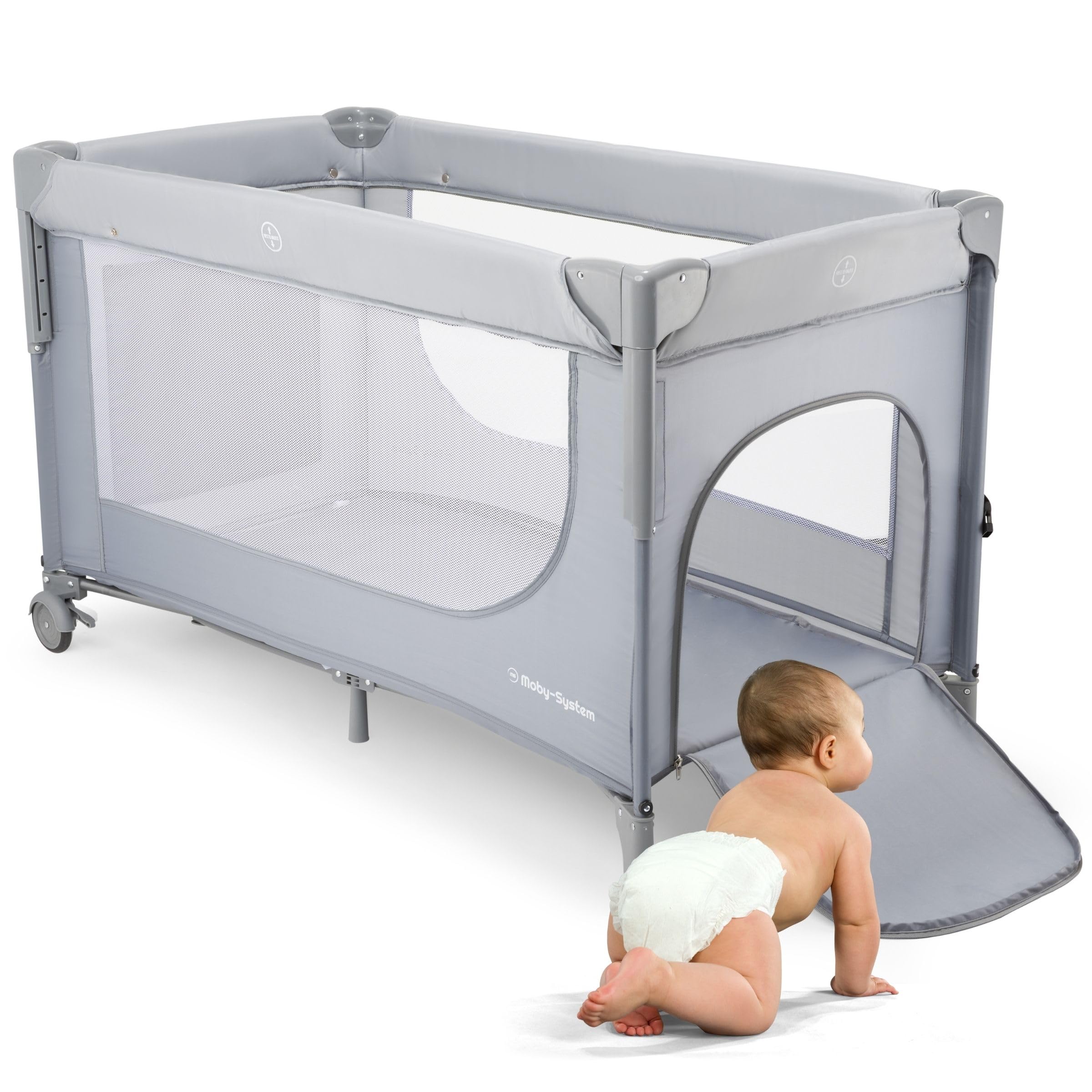 Moby-System Closely 3in1 Beistellbett Baby - Reisebett Baby mit Wickelauflage, Matratze, Transporttasche - Höhenverstellbares Beistellbett, Laufstall (6 Teile)