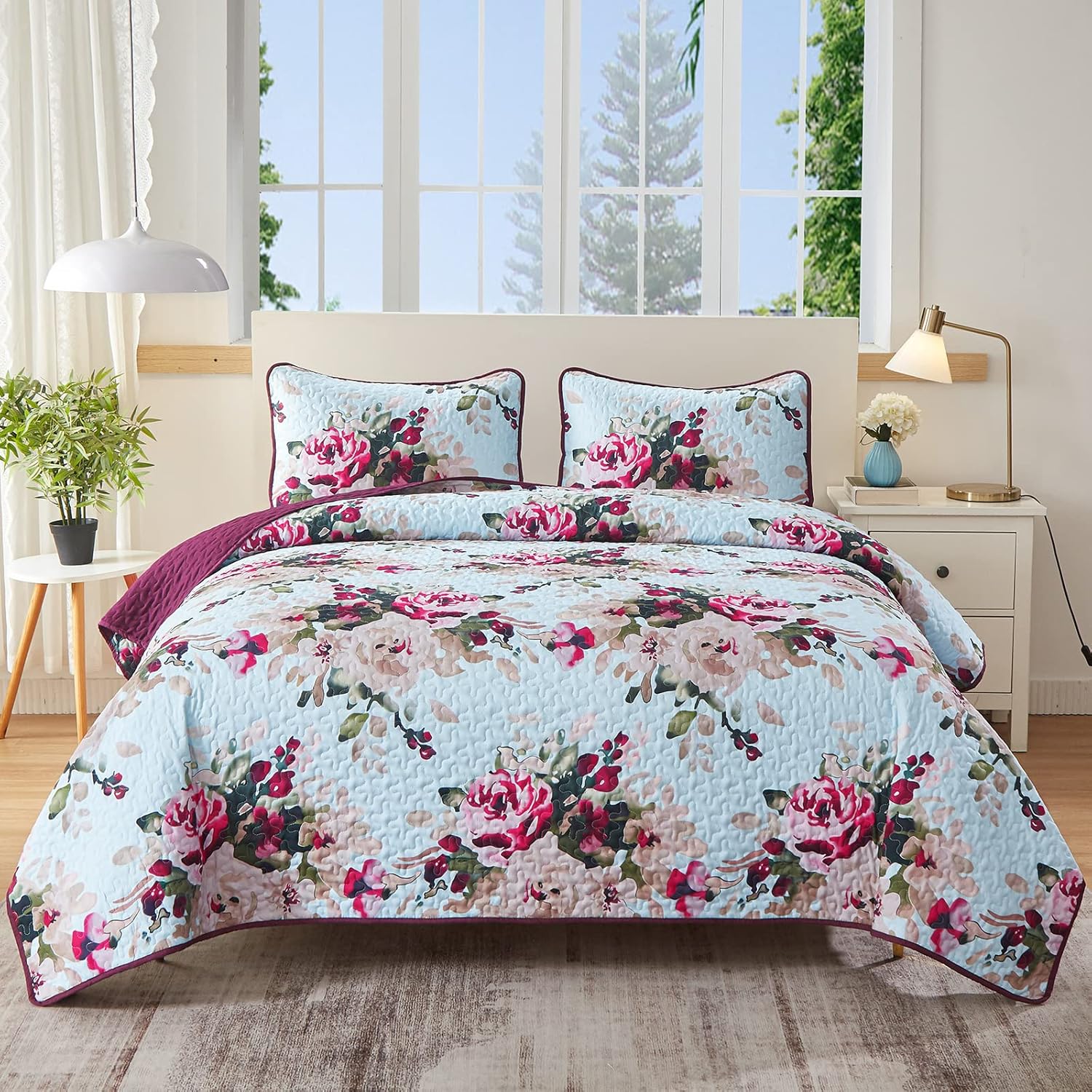 enuullao Floral Quilt Set Queen Size 3 Pieces, Blue Flower Reversible