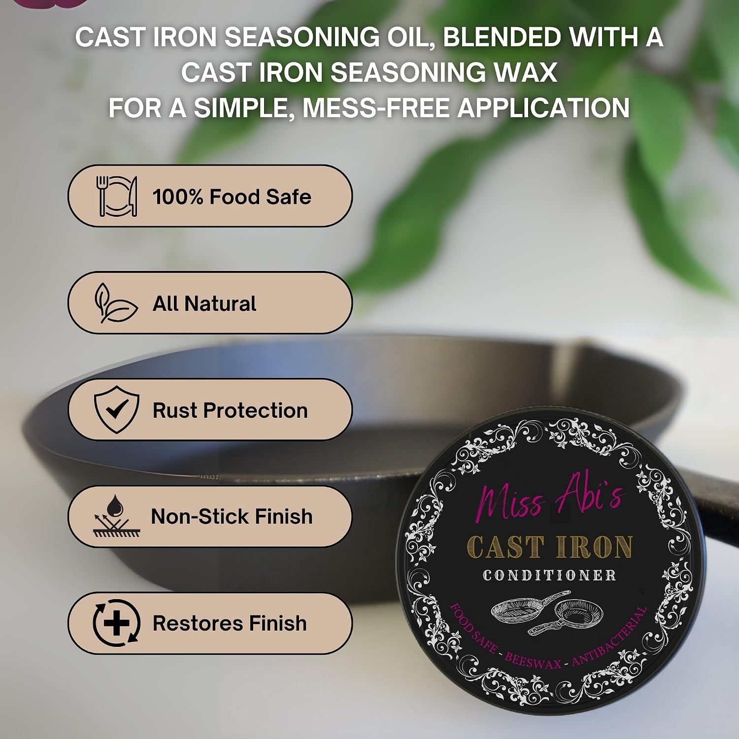 Cast Iron Seasoning Oil, Miss Abi's Caste Iron Seasoning & Carbon Steel Seasoning Wax,100% Natural, Premium Quality