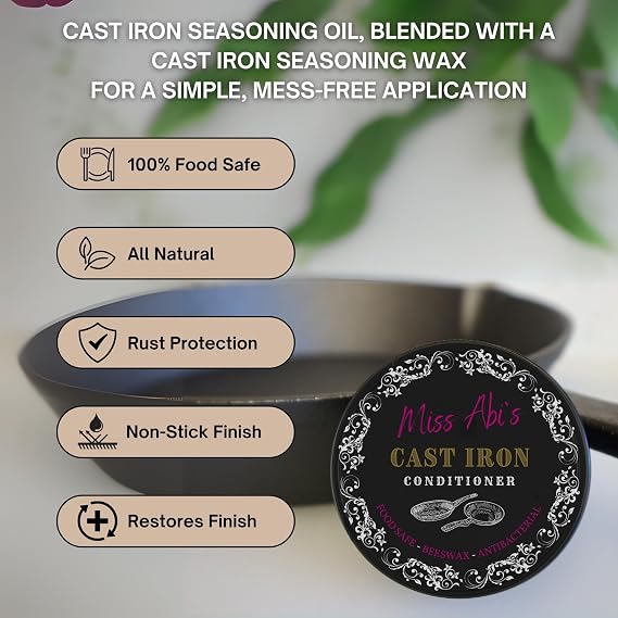 Cast Iron Seasoning Oil, Miss Abi's Caste Iron Seasoning & Carbon Steel Seasoning Wax,100% Natural, Premium Quality | All Natural