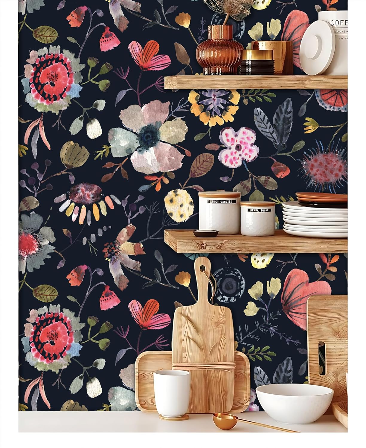 Wallpaper Peel and Stick Floral Wall Paper Removable Waterproof Blue/Red/Yellow Contact Paper for Bedroom Cabinets Shelf Drawers Renter Friendly 17.3" x 236.3"