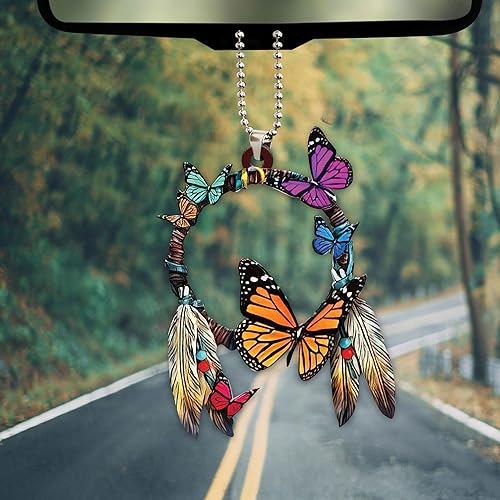 Miniatura 3 de Talataca Mariposa nativa círculo atrapasueños indígena indio bohemio 2D plano espejo retrovisor de coche accesorios de árbol de Navidad decoración