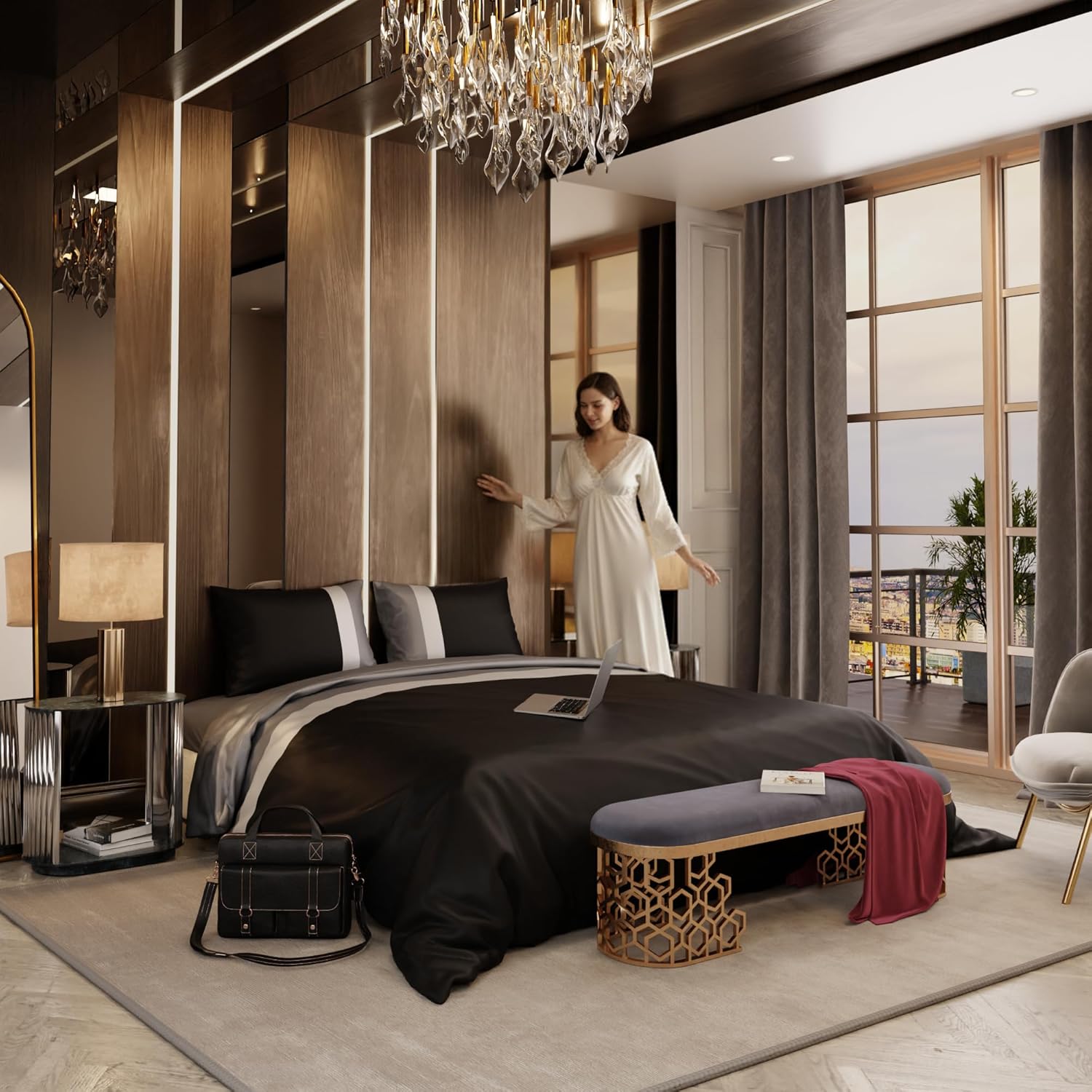 Stoa Paris Luxury Satin King Duvet Cover Set 3PCs, Silk-Like Hotel-Grade Bedding 300TC, Skin & Hair Safe, Home Decor, Hidden Zipper + 2 Pillow Shams 20x40”, No Comforter Included, Vogue - Black