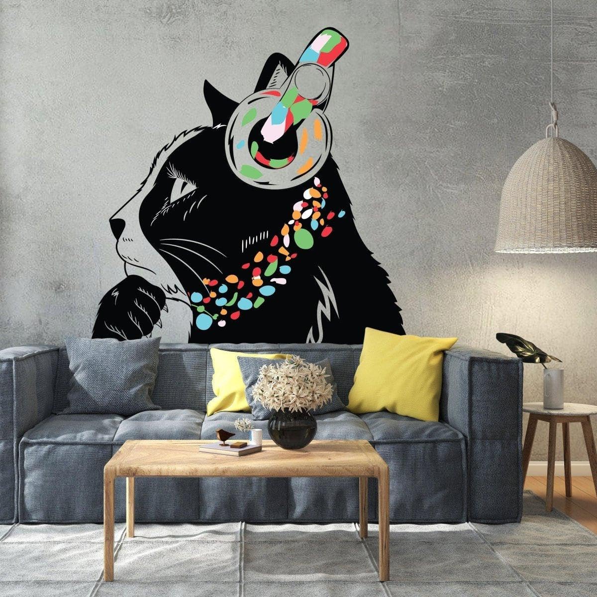 Adesivo da parete per appassionati di musica felina – Adesivo da parete con gatto, 150 x 103 cm, lato destro