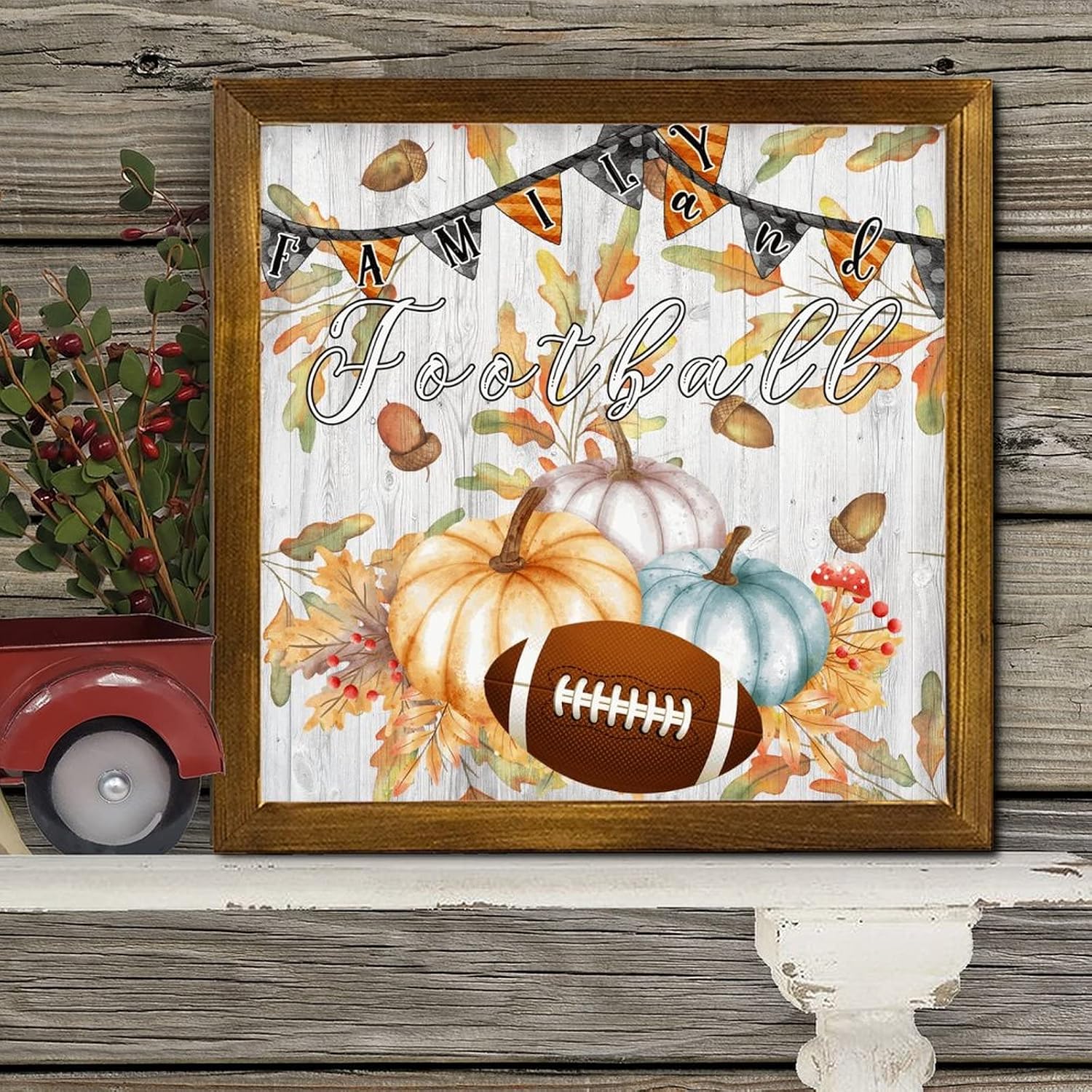 Family and Football Wooden Framed Sign Autumn Pumpkin Sunflower Hanging Sign Retro Farm Harvest Wood Home Wall Decoration for Living Room Bedroom Dining Room 12x12 inch