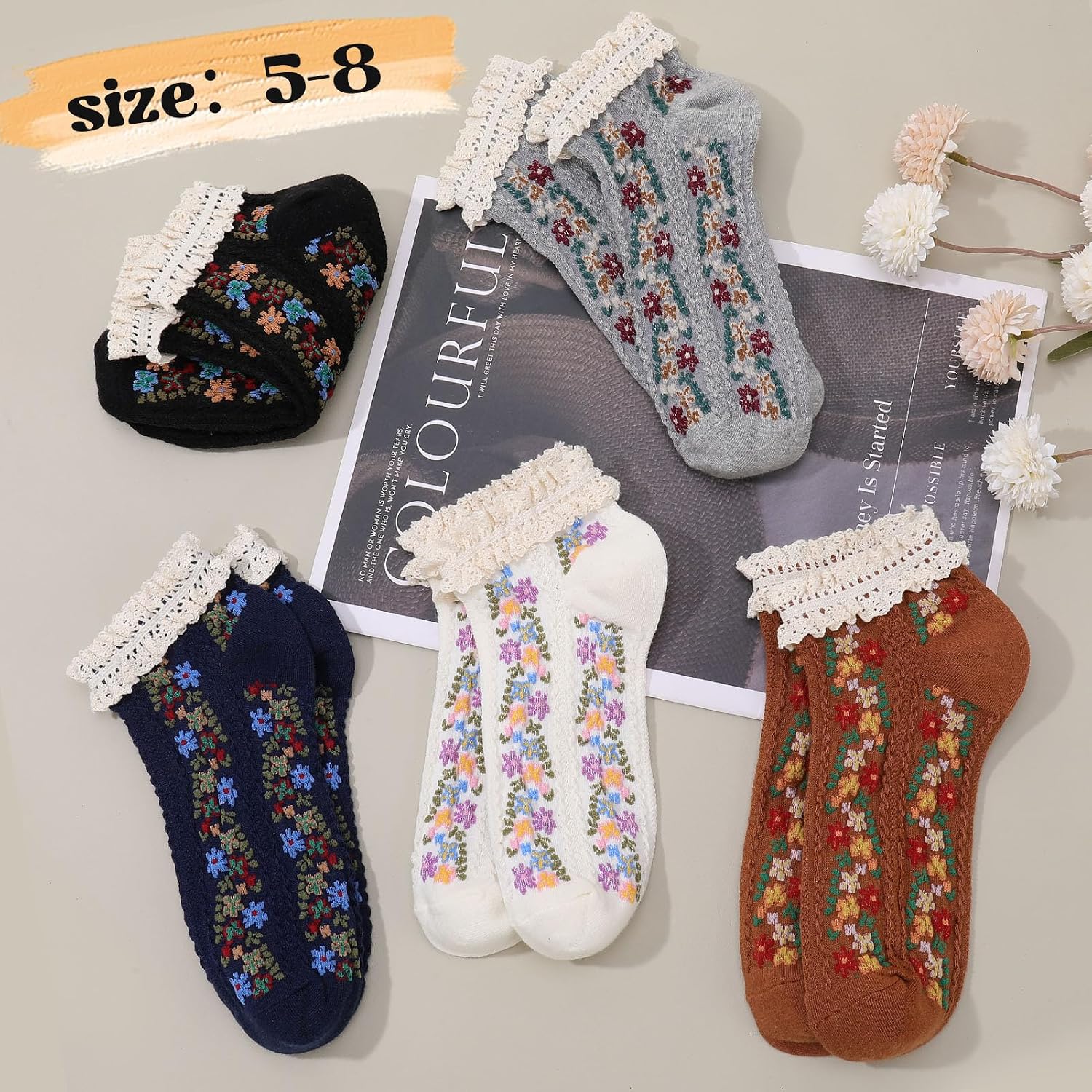 5 Pairs Vintage Floral Cotton Ankle Socks for Women Funny Frilly Novelty Ruffle Casual Dress Short Socks