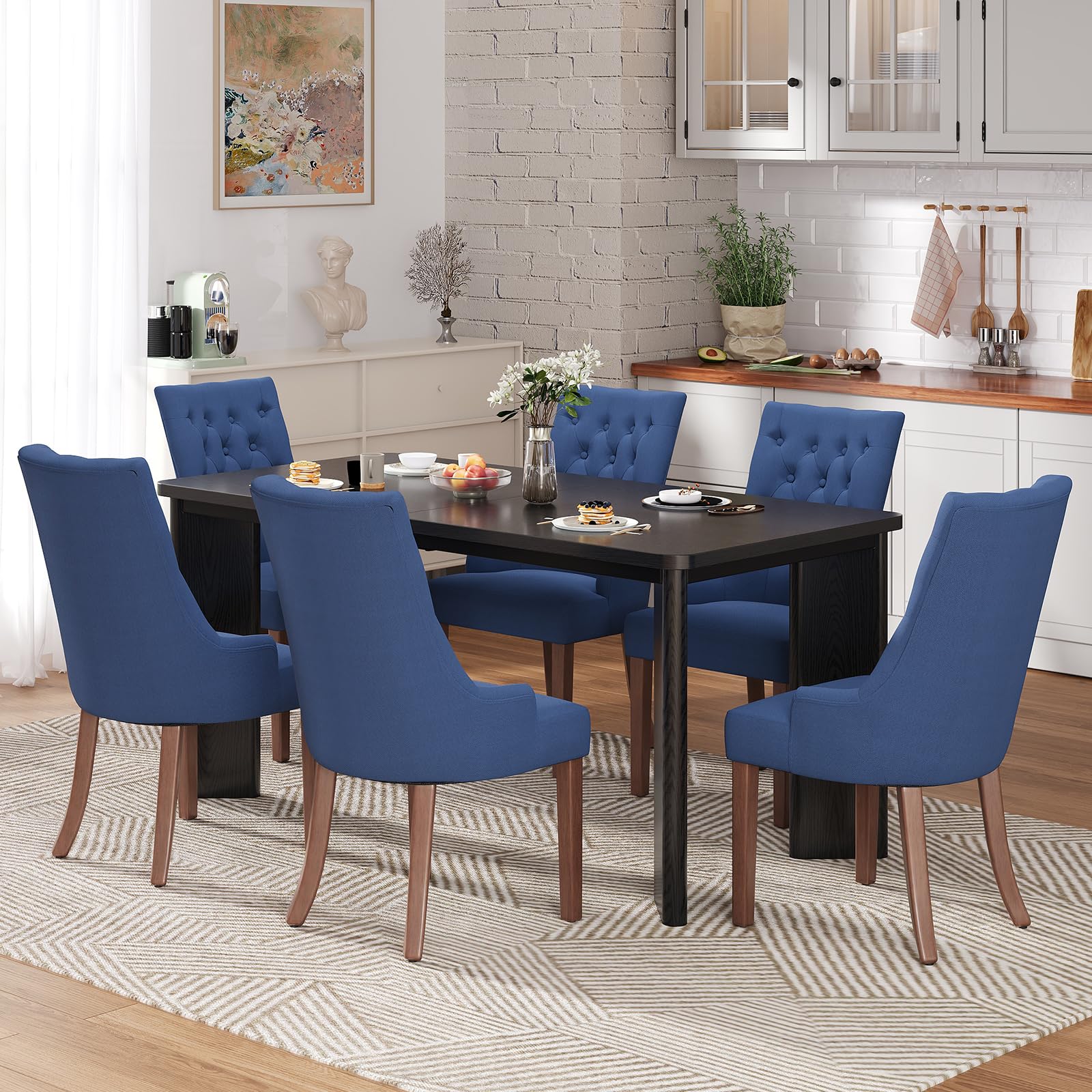 MALOL 7-Piece Rectangular Dining Table Set for 6, 63" Industrial Kitchen Table with 6 Tufted Parsons Dinner Chairs for Dining Room, Kitchen, Living Room, Black+Blue