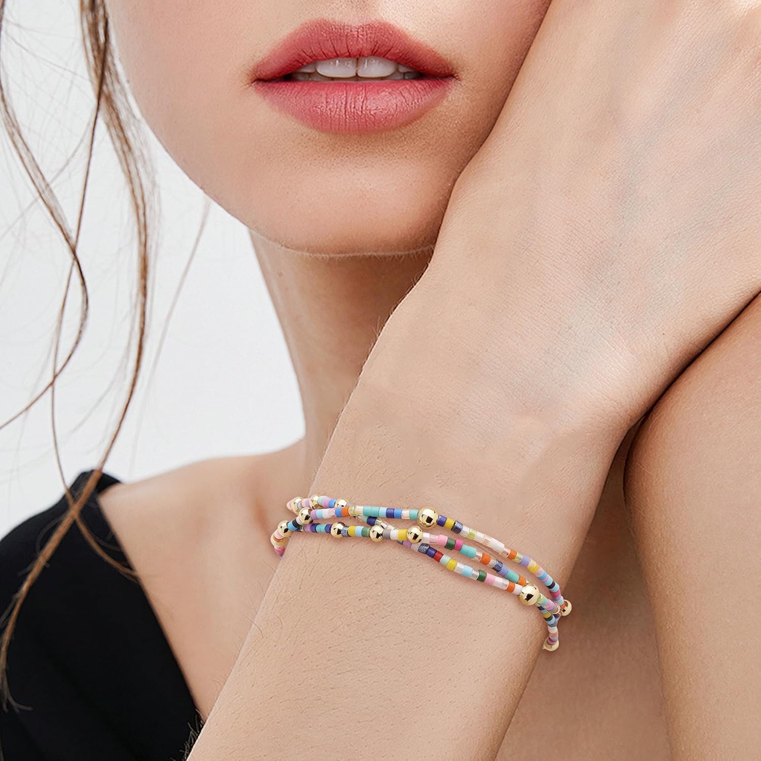 Colorful Beaded Pearl Stackable Stretch Bracelets for Women, Dainty Boho Handmade Rainbow Beads Layered Bracelet Summer Beach Jewelry Gift - Image 2